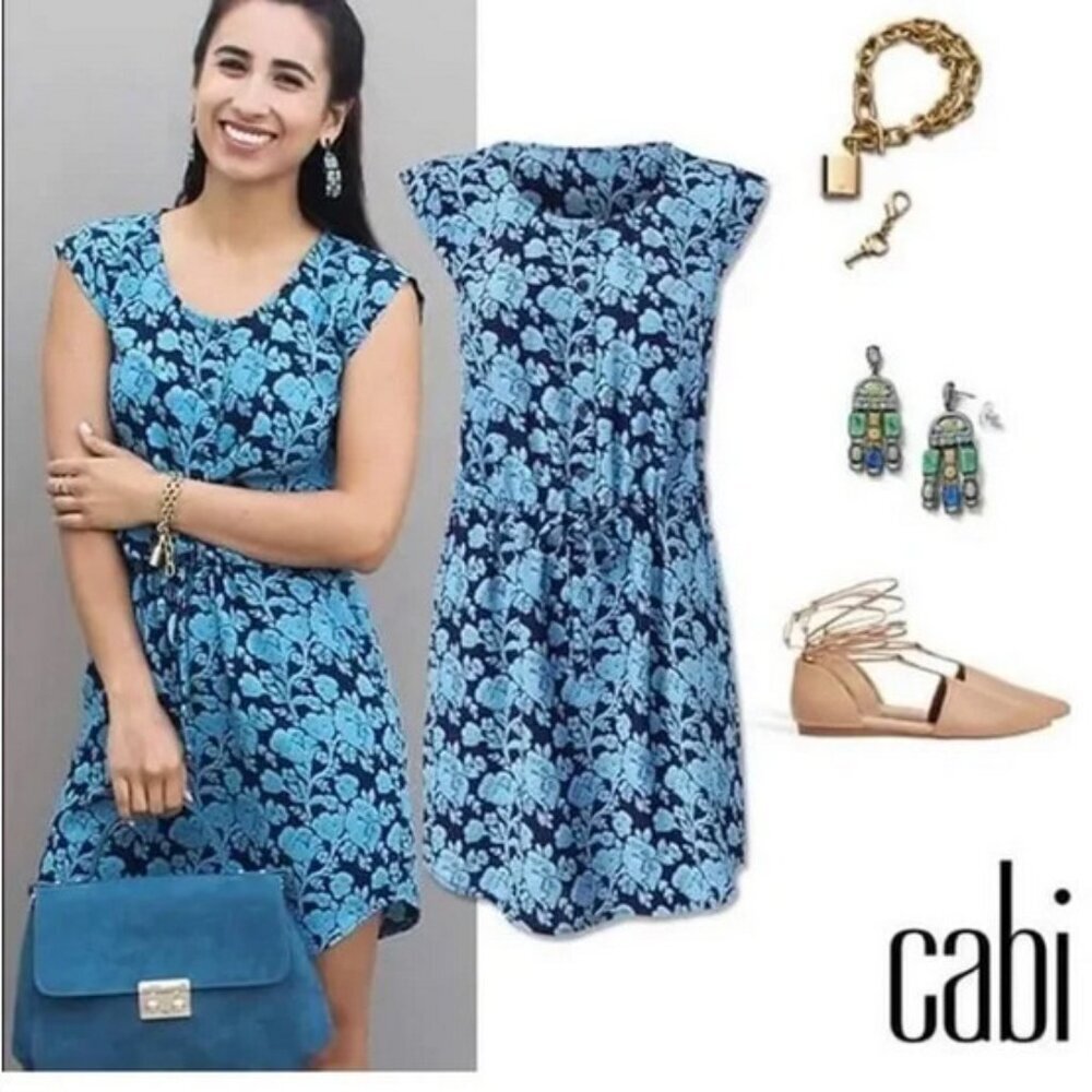 CABI Blue Java Dress L Drawstring Stretch Waist Pockets Cap Sleeve Navy & Blue